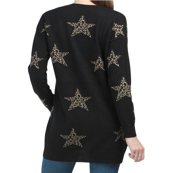 Magaschoni Open Front Leopard Stars Knit 100% Cashmere Cardigan Jacket Sz M - Picture 2 of 6